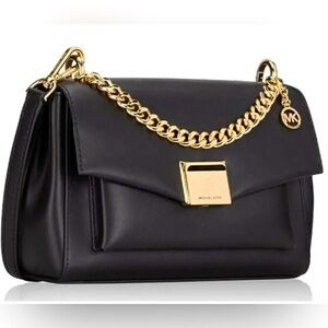 New MICHAEL KORS LITA MEDIUM BLACK LEATHER GOLD CHAIN CROSSBODY SHOULDER BAG NWT